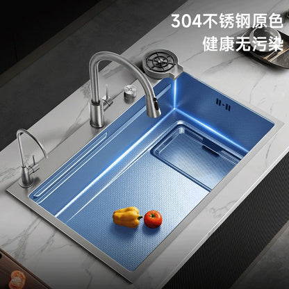 Kitchen Sink with Residue Collection, Small Grain Design, 304 Stainless Steel, Thickened Large Single Bowl, Embossed, Household Vegetable Washing Basin, Under-Counter or Above-Counter