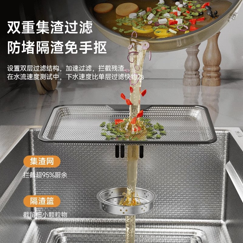 Kitchen Sink with Residue Collection, Small Grain Design, 304 Stainless Steel, Thickened Large Single Bowl, Embossed, Household Vegetable Washing Basin, Under-Counter or Above-Counter
