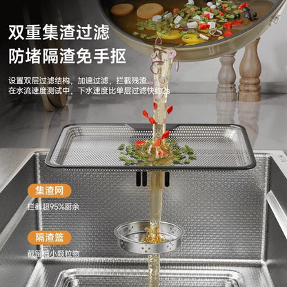 Kitchen Sink with Residue Collection, Small Grain Design, 304 Stainless Steel, Thickened Large Single Bowl, Embossed, Household Vegetable Washing Basin, Under-Counter or Above-Counter