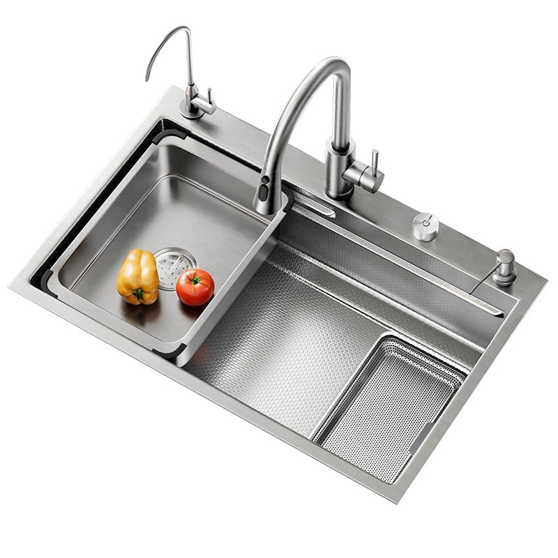 Kitchen Sink with Residue Collection, Small Grain Design, 304 Stainless Steel, Thickened Large Single Bowl, Embossed, Household Vegetable Washing Basin, Under-Counter or Above-Counter