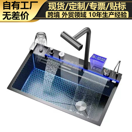 Kitchen Sink Thickened Vegetable Washing Basin Piano Honeycomb Dragon Fish Kitchen Single-Slot Digital Display Waterfall Rain Stainless Steel Sink