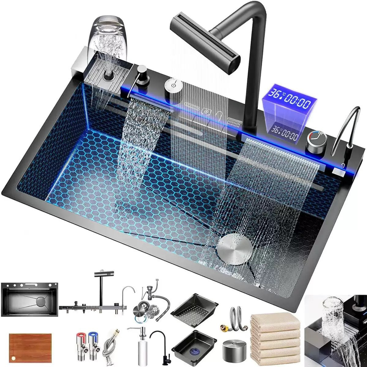 Kitchen Sink Thickened Vegetable Washing Basin Piano Honeycomb Dragon Fish Kitchen Single-Slot Digital Display Waterfall Rain Stainless Steel Sink