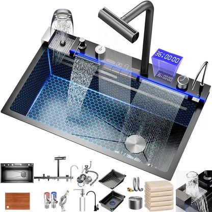 Kitchen Sink Thickened Vegetable Washing Basin Piano Honeycomb Dragon Fish Kitchen Single-Slot Digital Display Waterfall Rain Stainless Steel Sink