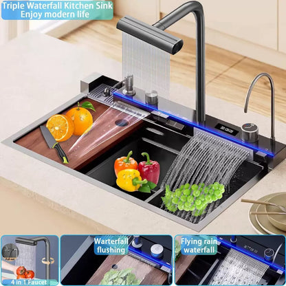 Kitchen Sink Thickened Vegetable Washing Basin Piano Honeycomb Dragon Fish Kitchen Single-Slot Digital Display Waterfall Rain Stainless Steel Sink