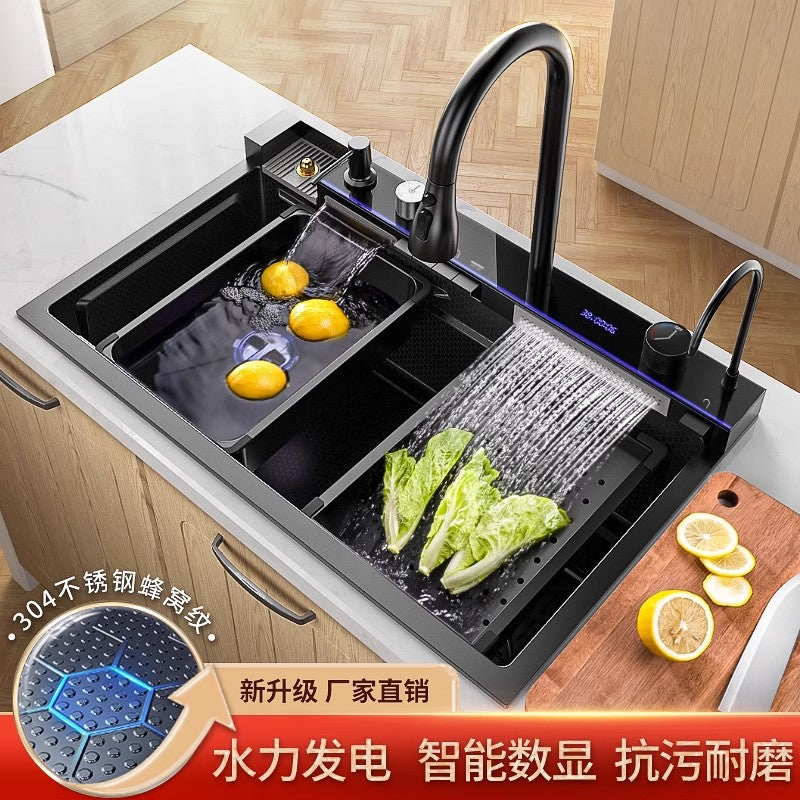 304 Stainless Steel Raindance Waterfall Sink Kitchen Multi-Functional Sink Household Digital Display Honeycomb Embossed Large Single Tank