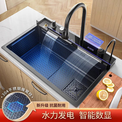 304 Stainless Steel Raindance Waterfall Sink Kitchen Multi-Functional Sink Household Digital Display Honeycomb Embossed Large Single Tank