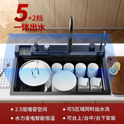 304 Stainless Steel Raindance Waterfall Sink Kitchen Multi-Functional Sink Household Digital Display Honeycomb Embossed Large Single Tank