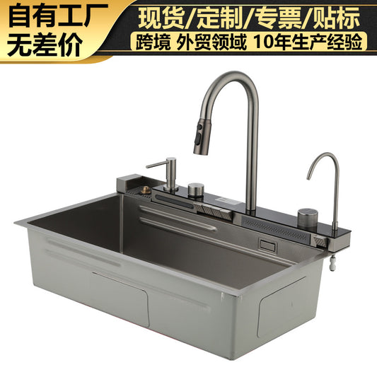 Whale Raindance Waterfall Kitchen Sink Large Single Bowl Digital Display Vegetable Washing Basin Single Bowl Nano 304 Stainless Steel Sink