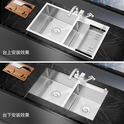 T Double-Slot Sink Kitchen Household Sink under Counter Hand Wash Sink Thickeneded 304 Stainless Steel Sink Set