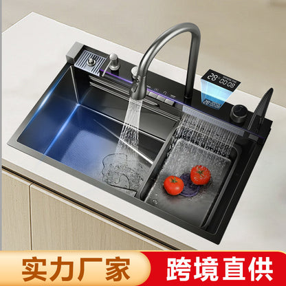 Stainless Steel Sink Whale Rain Shower Waterfall Sink Kitchen Stainless Steel Large Single Sink Multi-Function Digital Display Sink