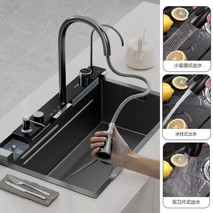 Stainless Steel Sink Whale Rain Shower Waterfall Sink Kitchen Stainless Steel Large Single Sink Multi-Function Digital Display Sink