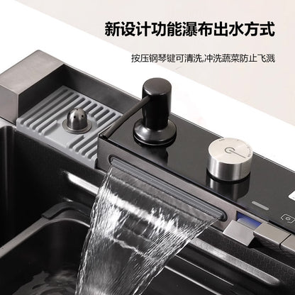 Stainless Steel Sink Whale Rain Shower Waterfall Sink Kitchen Stainless Steel Large Single Sink Multi-Function Digital Display Sink