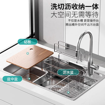 Japanese-Style Large Single-Slot Sink for Washing Dishes and Vegetables, Multifunctional 304 Stainless Steel Large Single-Slot Japanese Kitchen Sink for Washing Vegetables