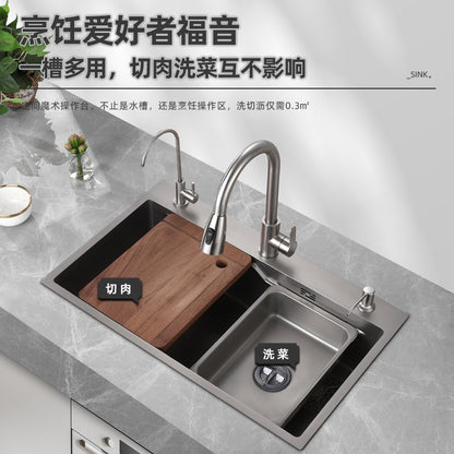 Jiumu Gun Gray Kitchen 304 Stainless Steel Sink Large Single Bowl Handmade Countertop Nano Washbasin Dishwashing Sink