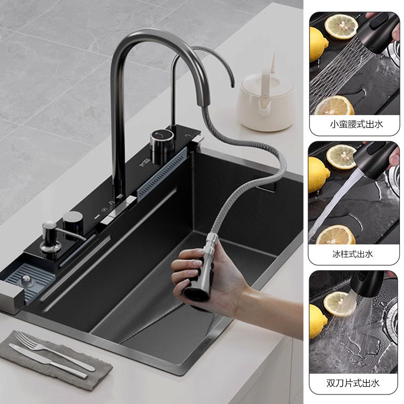 Stainless Steel Vegetable Washing Basin Whale Flying Rain Waterfall Sink Kitchen Stainless Steel Large Single Sink Multi-function Digital Display Washing Basin