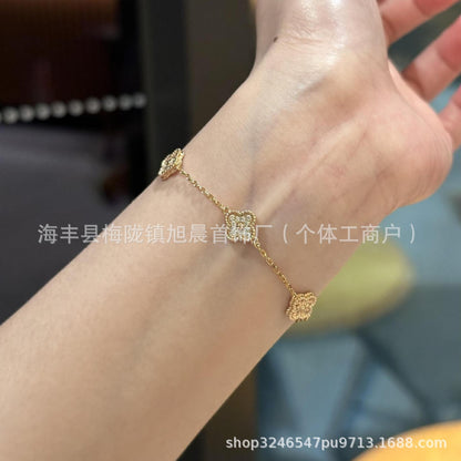 Ins High Version Mini small size Four-leaf Clover Six-flower Bracelet Women's Plated 18K Gold Full Diamond Flower Bracelet Elegant Fashion