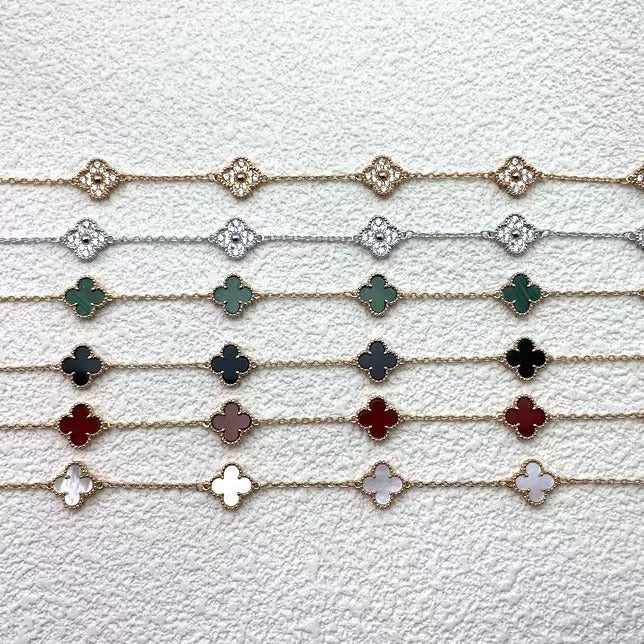 High version 925 silver 9mm small six-flower mini four-leaf clover bracelet women's full diamond natural white fritillary red chalcedony agate