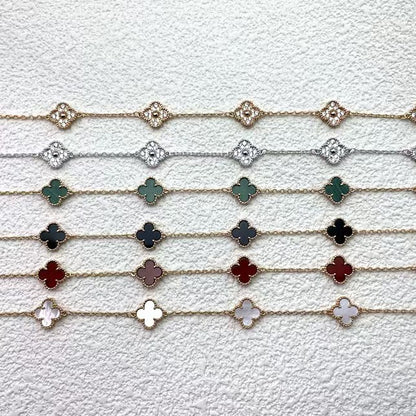 High version 925 silver 9mm small six-flower mini four-leaf clover bracelet women's full diamond natural white fritillary red chalcedony agate