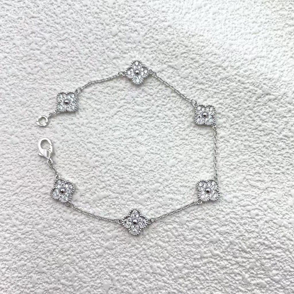 High version 925 silver 9mm small six-flower mini four-leaf clover bracelet women's full diamond natural white fritillary red chalcedony agate