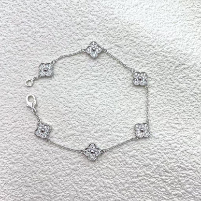 High version 925 silver 9mm small six-flower mini four-leaf clover bracelet women's full diamond natural white fritillary red chalcedony agate