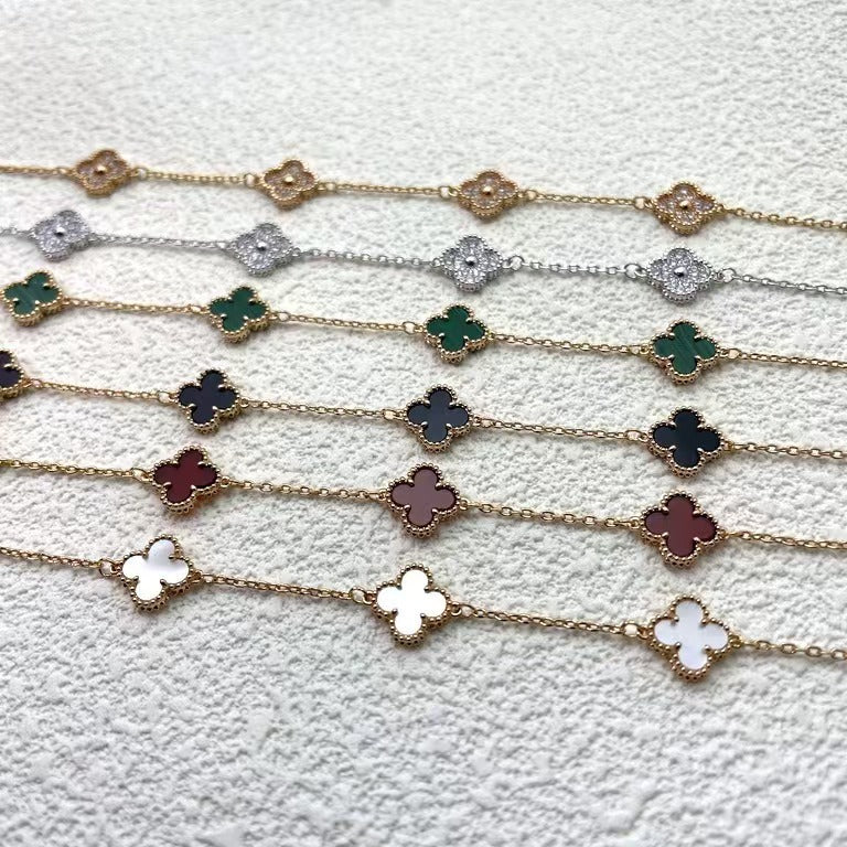 High version 925 silver 9mm small six-flower mini four-leaf clover bracelet women's full diamond natural white fritillary red chalcedony agate