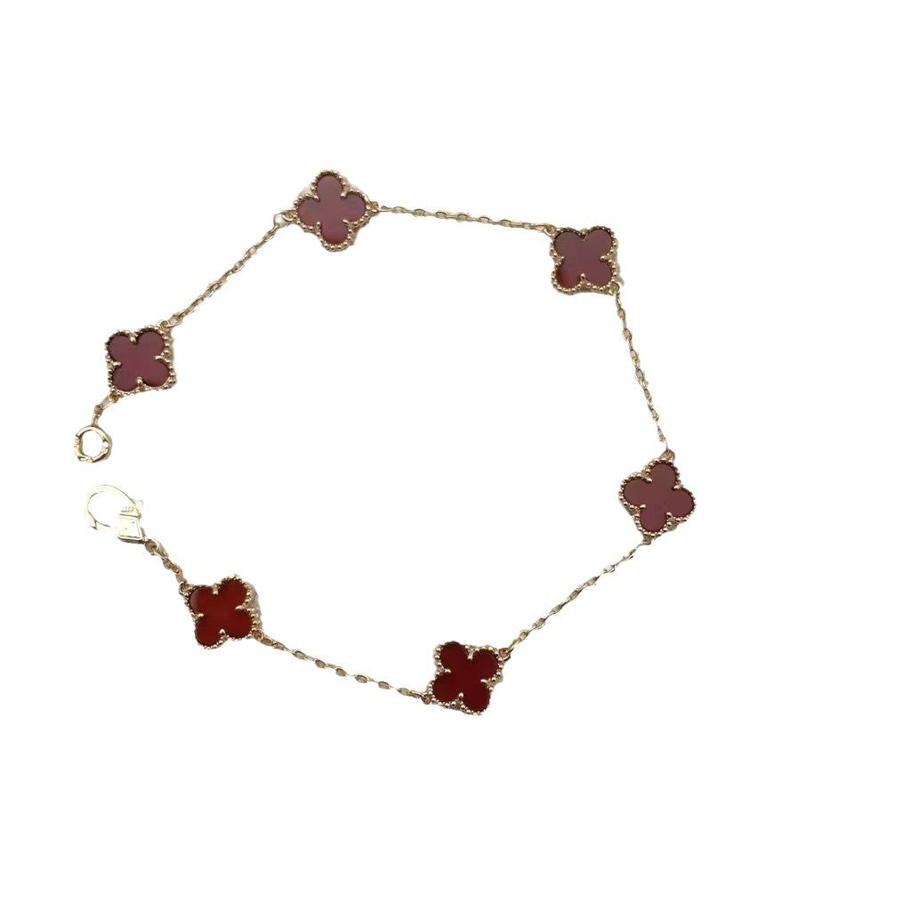 High version 925 silver 9mm small six-flower mini four-leaf clover bracelet women's full diamond natural white fritillary red chalcedony agate