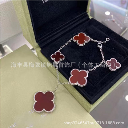 Vanjia Four-Leaf Clover Large and Small Flower Bracelet for Women Ins Thick Plated 18K Rose Gold Red Agate Bracelet Manufacturer Wholesale