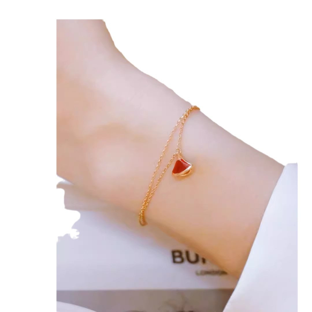 Rose Gold Small Skirt Fan-shaped White Fritillaria Bracelet Women's Red Chalcedony Double-layer Chain Sterling Silver Plated 18K Gold Ins Style Bracelet