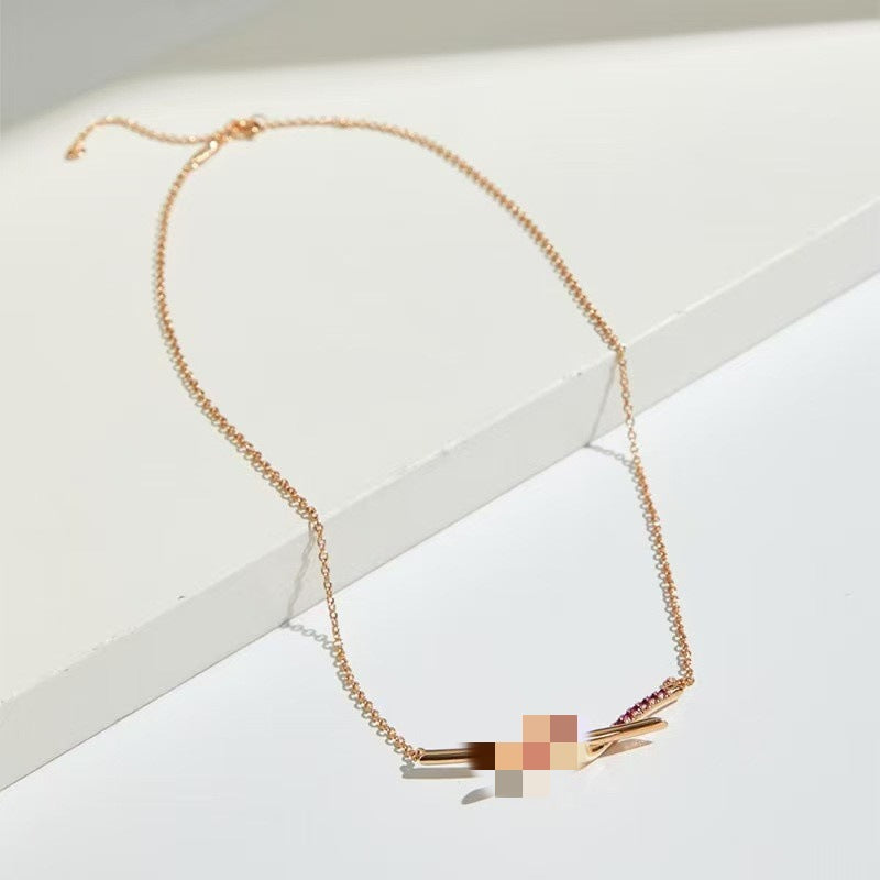 High Version T Knot Knot Necklace with Diamond Half Full Diamond Neck Chain All-match Fashion V Clavicle Chain Jewelry Fashion Beautiful
