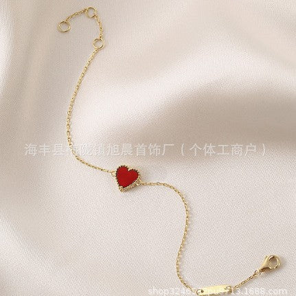 High Version V Gold Small Heart Bracelet for Women, Thick Plated 18K Rose Gold Heart-Shaped Red Agate Bracelet, Wholesale from Manufacturer