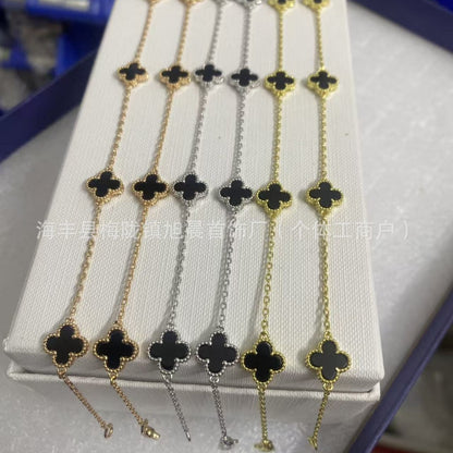 Vanjia Ten Flowers Four-Leaf Clover Necklace for Women, Twenty Flowers Plated with 18K Gold, Black Onyx, Purple Chalcedony, Laser Light Luxury High-End