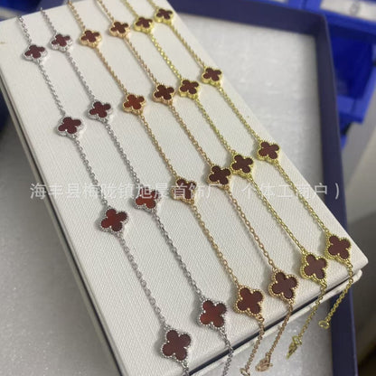 Vanjia Ten Flowers Four-Leaf Clover Necklace for Women, Twenty Flowers Plated with 18K Gold, Black Onyx, Purple Chalcedony, Laser Light Luxury High-End