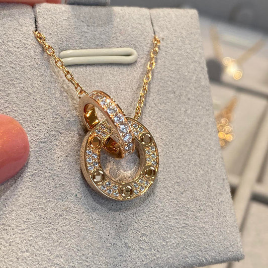 High Version insLOVE Classic Small Cake Gimmel Double Ring Necklace Women's Thick 18K Rose Gold Plating Fashion Light Luxury