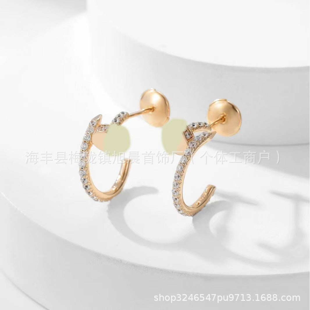 2025 Summer New Trendy Ins European and American Personalized Card Home Nail Full Diamond Earrings High Version Manufacturer Wholesale