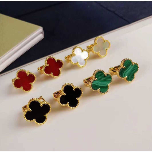 New V Gold High Version Four-Leaf Clover Earrings Thick Plated 18K Real Gold Clover White Mother-Of-Pearl Natural Carnelian Earrings