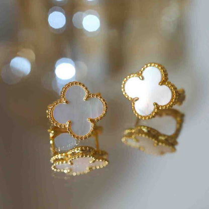New V Gold High Version Four-Leaf Clover Earrings Thick Plated 18K Real Gold Clover White Mother-Of-Pearl Natural Carnelian Earrings