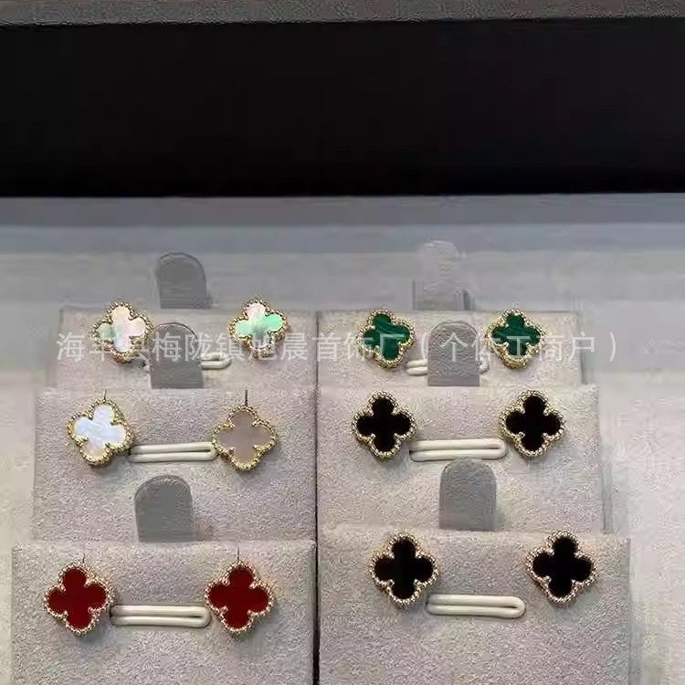 High Version V Gold Plated 18K Clover Ear Racket V Female High-Grade Light Luxury Earrings Lucky Grass Ear Racket V Fashion Beautiful