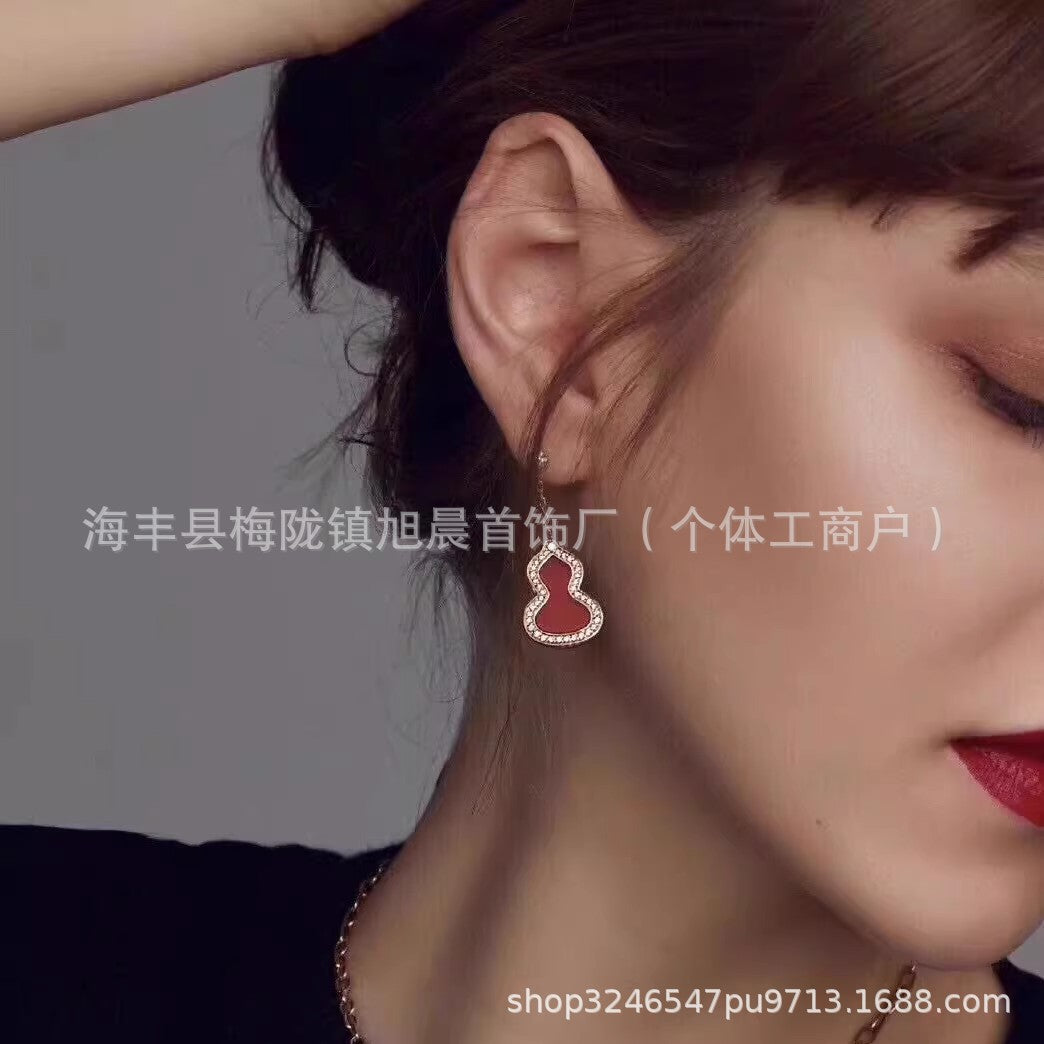 Kirin Gourd Earrings Ins Trendy 18k Rose Plated Gold Earrings Long Earrings Red Agate Earrings Medium Light Luxury