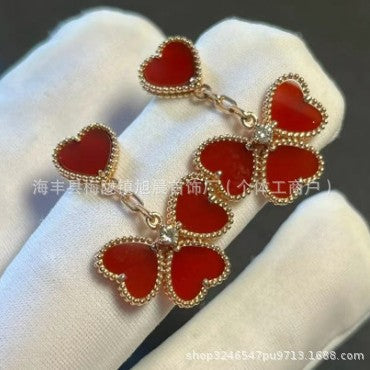 Fashion Niche Heart Red Agate 18K Gold Earrings Heart Vanjia Earrings Single Flower Heart Earrings