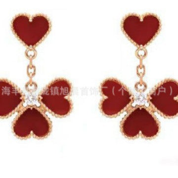 Fashion Niche Heart Red Agate 18K Gold Earrings Heart Vanjia Earrings Single Flower Heart Earrings