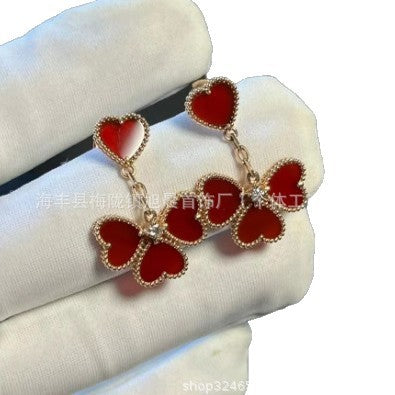 Fashion Niche Heart Red Agate 18K Gold Earrings Heart Vanjia Earrings Single Flower Heart Earrings