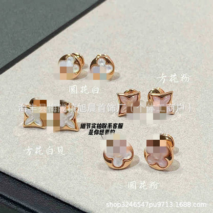 High Version White Mother-Of-Pearl Rhombus Double Flower Earrings for Women Cnc Precision Four-Leaf Clover Rose Gold Manufacturer Wholesale