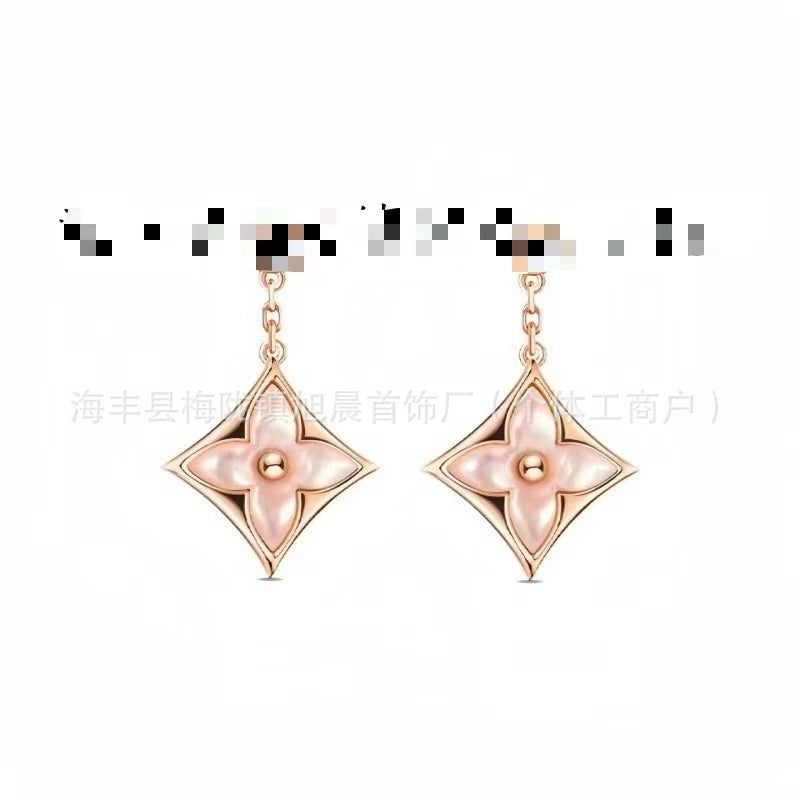 High Version White Mother-Of-Pearl Rhombus Double Flower Earrings for Women Cnc Precision Four-Leaf Clover Rose Gold Manufacturer Wholesale