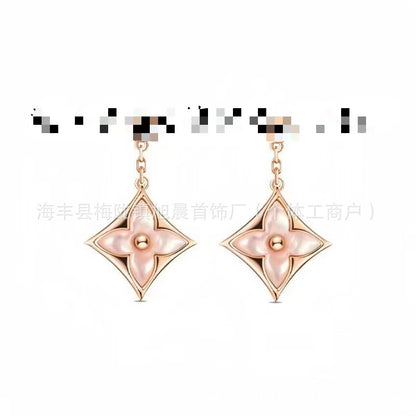 High Version White Mother-Of-Pearl Rhombus Double Flower Earrings for Women Cnc Precision Four-Leaf Clover Rose Gold Manufacturer Wholesale