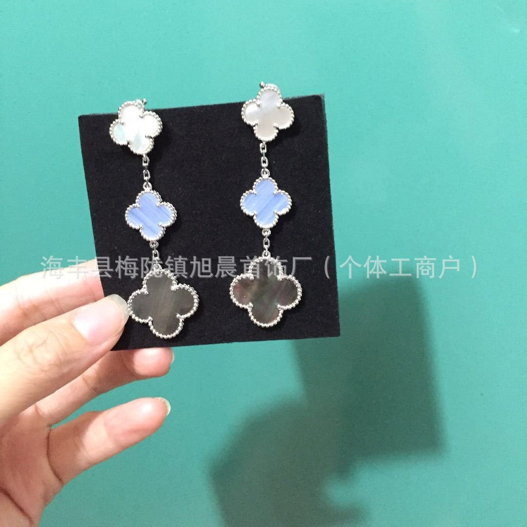 2024 New Four-Leaf Clover Three-Flower Plated 18K Gold Black Agate Red Chalcedony Long Earrings for Women Ins Earrings Anti-Over