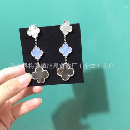2024 New Four-Leaf Clover Three-Flower Plated 18K Gold Black Agate Red Chalcedony Long Earrings for Women Ins Earrings Anti-Over