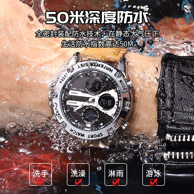 Ruizhiyuan Cross-Border New Double Display Men's Leather Watch Student Trend Waterproof Electronic Watch Wholesale