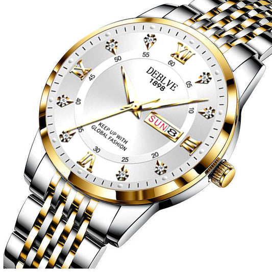 Men's solid band Double calendar Chinese and English luminous waterproof fashion fashion watch non-mechanical scanning needle watch