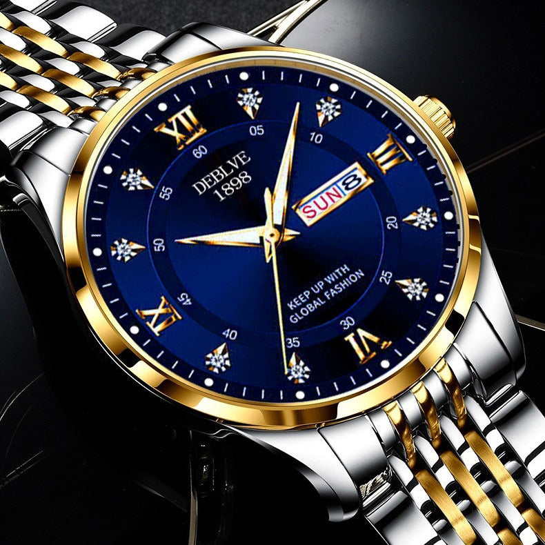 Men's solid band Double calendar Chinese and English luminous waterproof fashion fashion watch non-mechanical scanning needle watch