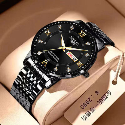 Men's solid band Double calendar Chinese and English luminous waterproof fashion fashion watch non-mechanical scanning needle watch